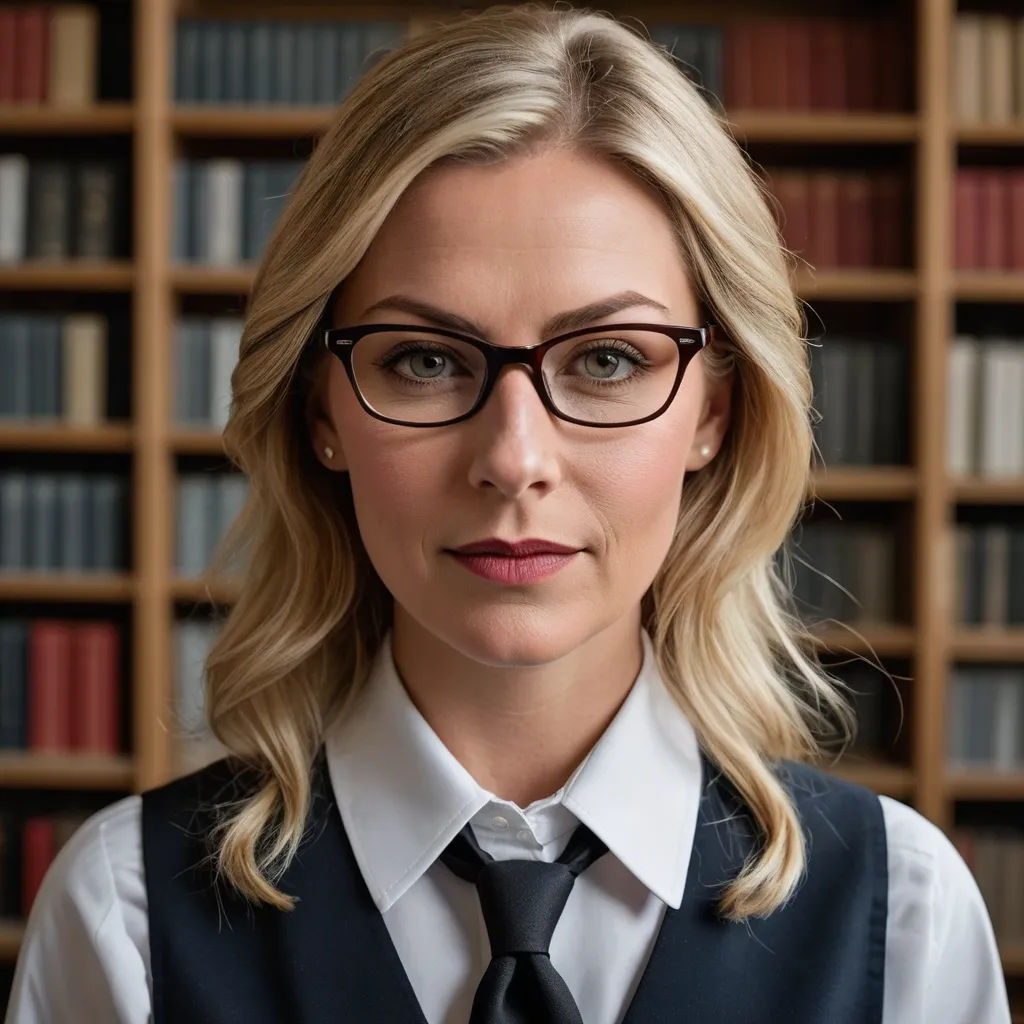 a woman wearing glasses and a tie in front of a bookcase of books in a library, looking at the camera, academic art, a character portrait, Christian Hilfgott Brand, glasses