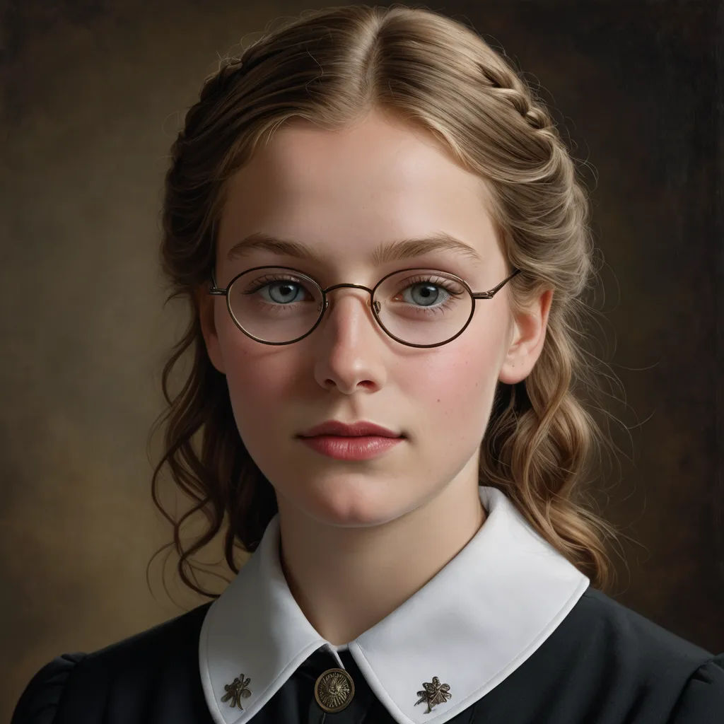 a painting of a young girl wearing glasses and a black shirt with a white collar and a black tie, american scene painting, a photorealistic painting, Brad Kunkle, extremely detailed oil painting