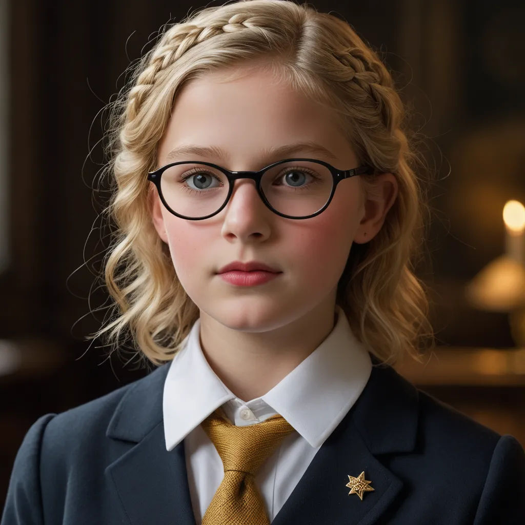 a young girl wearing glasses and a suit with a star on the front of it, and a gold tie, purism, a character portrait, Eugeen Van Mieghem, glasses