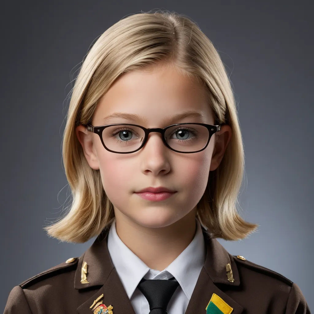 a young girl wearing glasses and a uniform with a flag on it's chest and a tie on her neck, neoism, a character portrait, Elke Vogelsang, kai carpenter