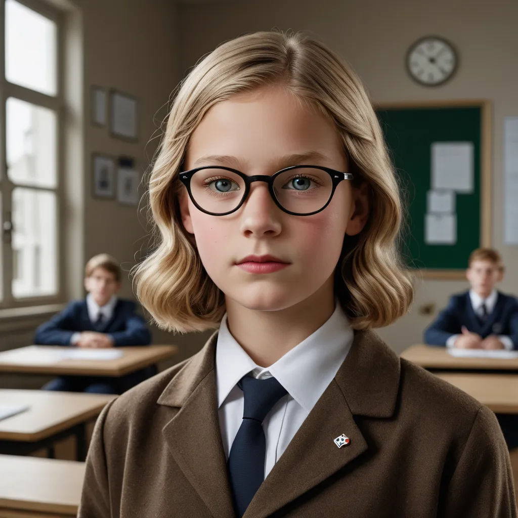 a young girl wearing glasses and a suit in a classroom with other students in the background, looking at the camera, purism, a computer rendering, Christian Hilfgott Brand, zeiss lens