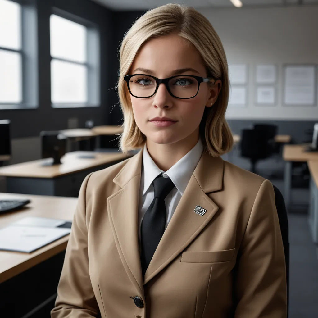 a woman in a suit and tie standing in front of a desk with a laptop computer on it and a window, purism, a computer rendering, Barbara Greg, unreal engine 5 quality render