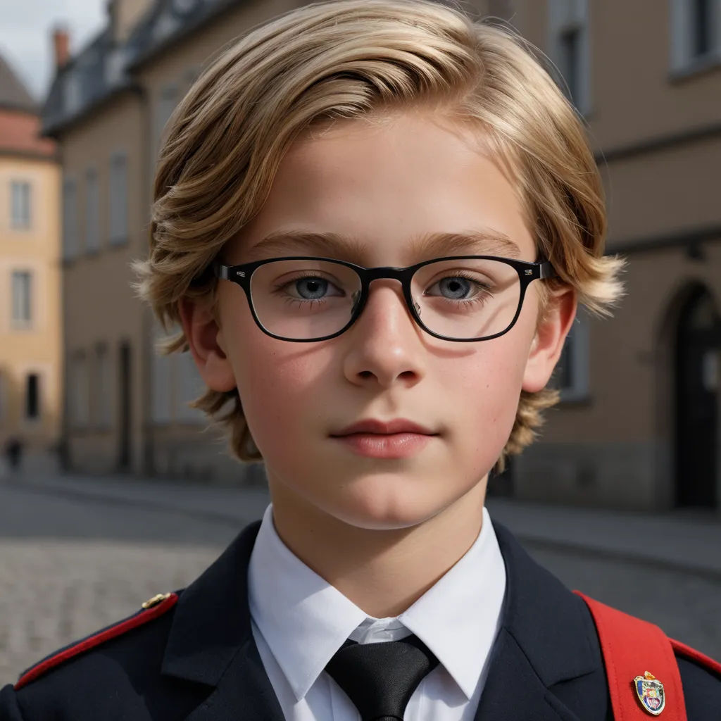 a young boy wearing glasses and a suit and tie in front of a building with a red ribbon around his neck, heidelberg school, computer graphics, Christian Hilfgott Brand, zeiss lens