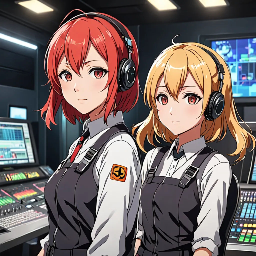 two women in front of a control room with headphones on their ears and a microphone to their ear, serial art, an album cover, Aya Goda, official art