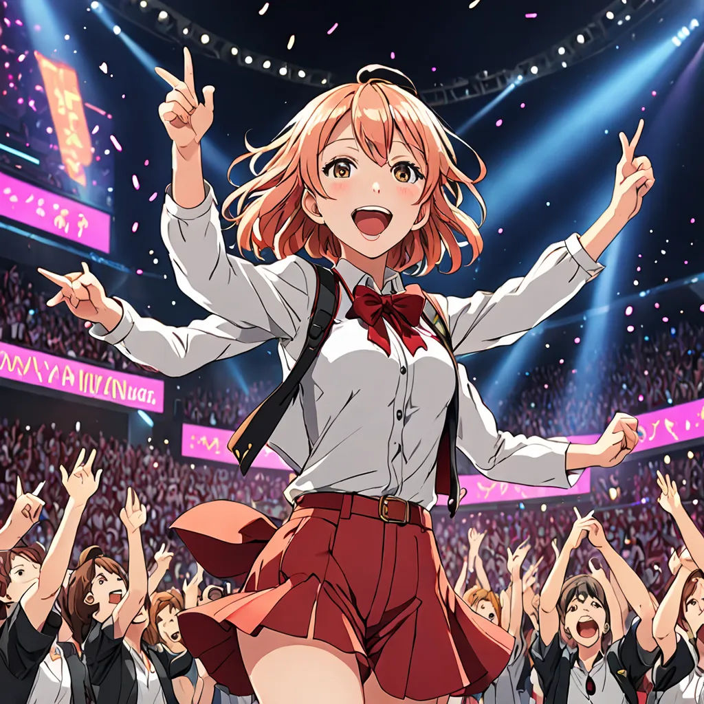 a girl in a school uniform is surrounded by a crowd of people at a concert with her hands up, dau-al-set, concept art, Aya Goda, official art