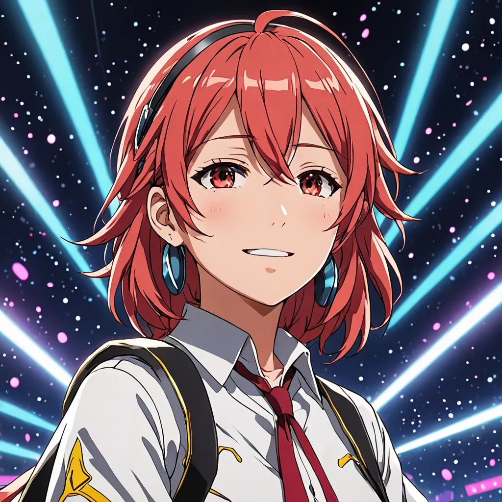 a girl with red hair and a tie in a room with lights and stars in the background, wearing a white shirt and red tie, space art, a hologram, Aya Goda, official art