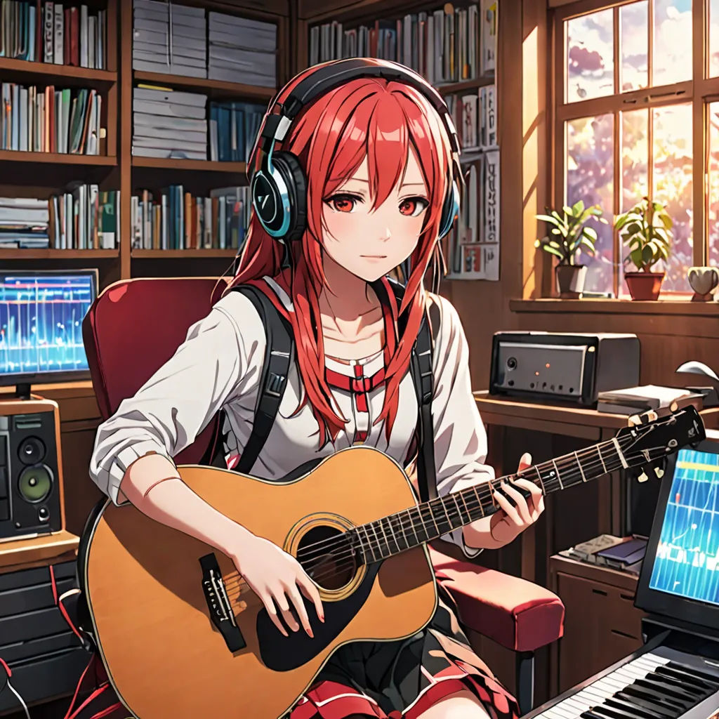 a girl with red hair is playing a guitar and headphones in a music studio with a keyboard and a laptop, rayonism, computer graphics, Aguri Uchida, official art