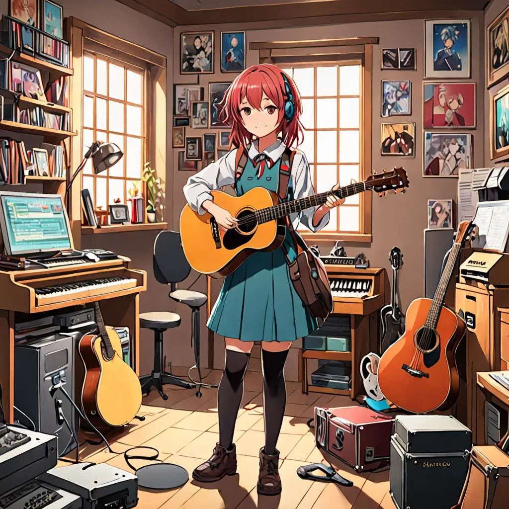 a girl with a guitar in a room with a keyboard and a keyboard and a guitar case and a keyboard, remodernism, concept art, Aya Goda, official art