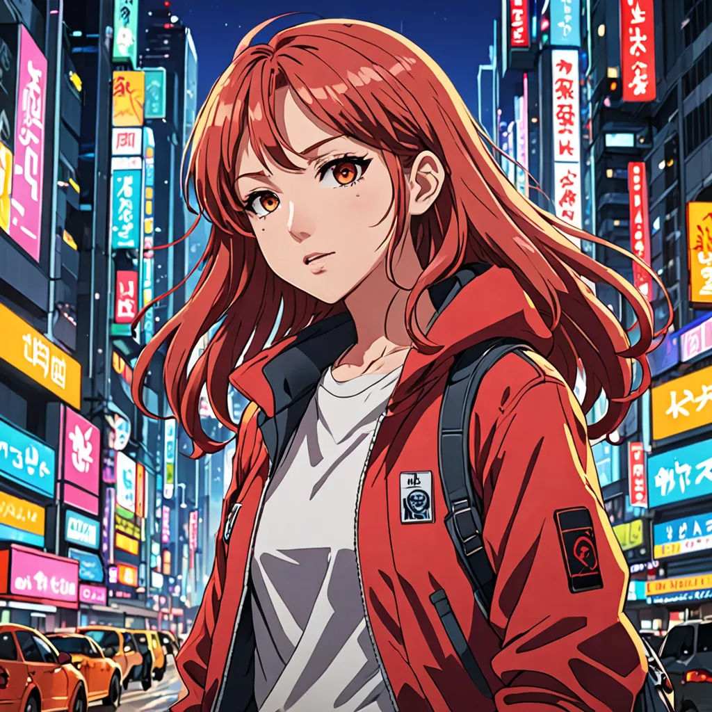 a woman in a red jacket standing in front of a cityscape at night with neon signs and buildings, sots art, cyberpunk art, Ai-Mitsu, anime key visual