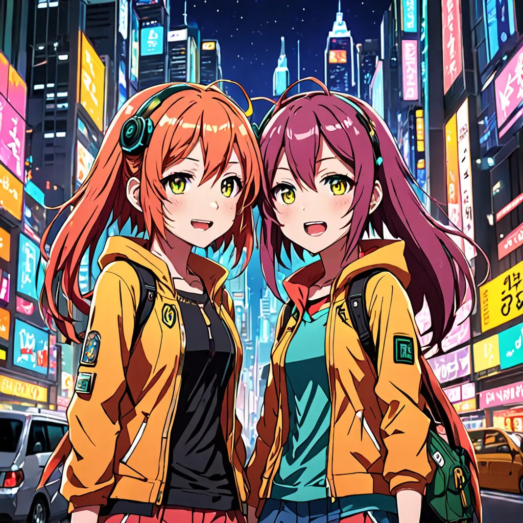 two anime girls standing in the middle of a city at night with neon lights on the buildings and cars, synchromism, an album cover, Ai-Mitsu, official art