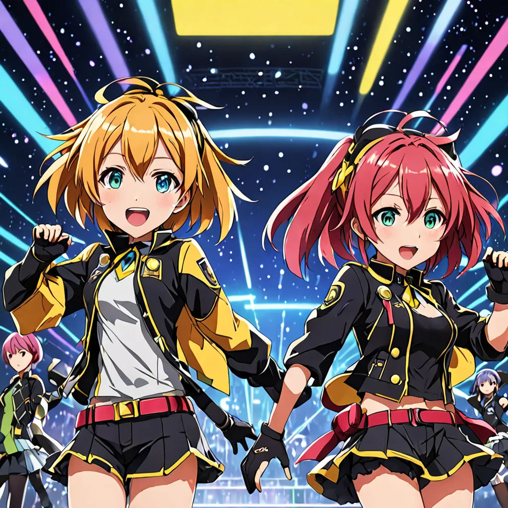two anime girls in uniform standing in front of a stage with lights and stars in the background, with a yellow sign above them, synchromism, poster art, Ai-Mitsu, official art