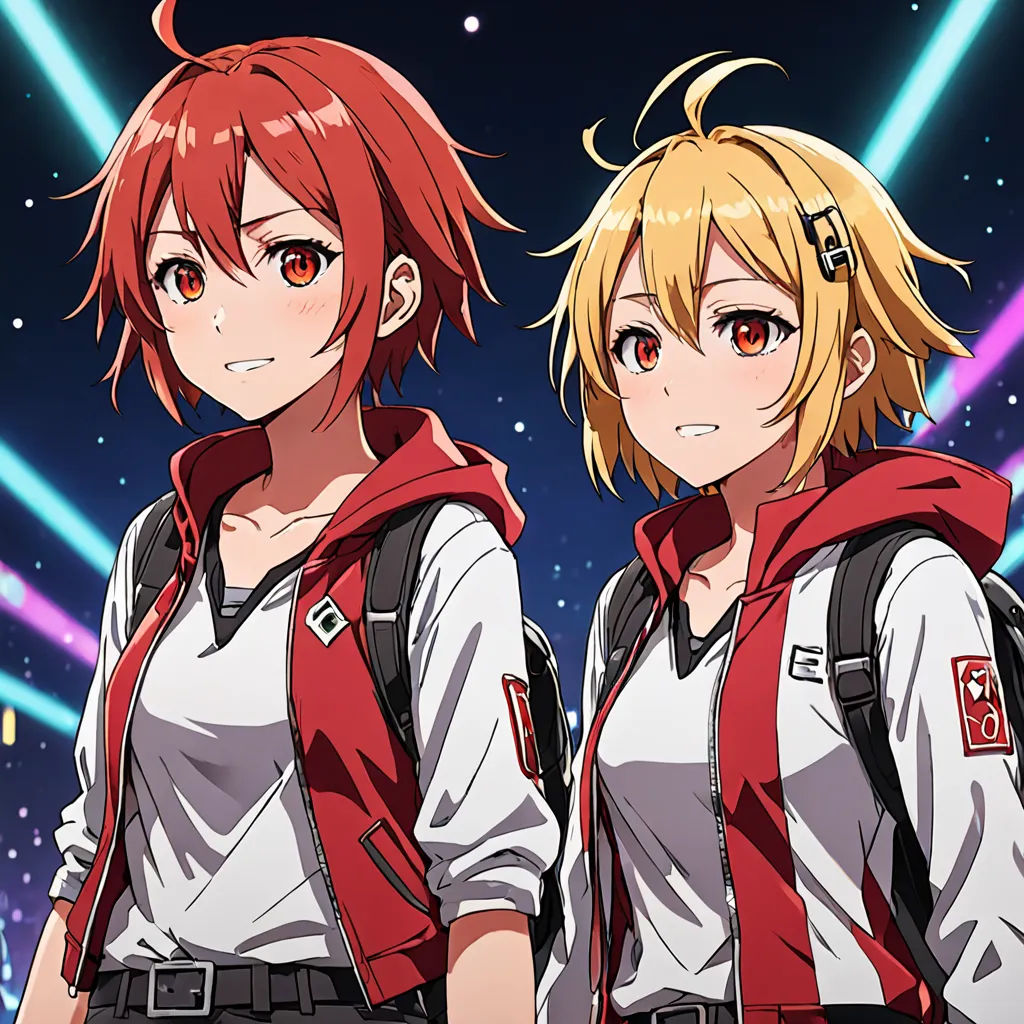 two anime characters standing in front of a star filled sky with bright lights behind them and a red backpack, space art, an album cover, Ai-Mitsu, official art