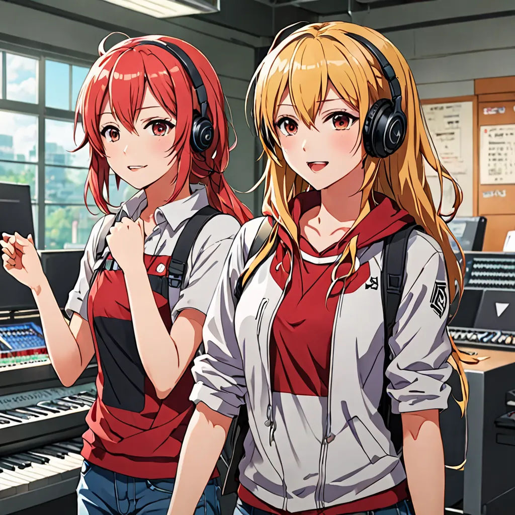 two anime girls standing in front of a sound board with headphones on their ears and a laptop in front of them, rayonism, an album cover, Ai-Mitsu, official art