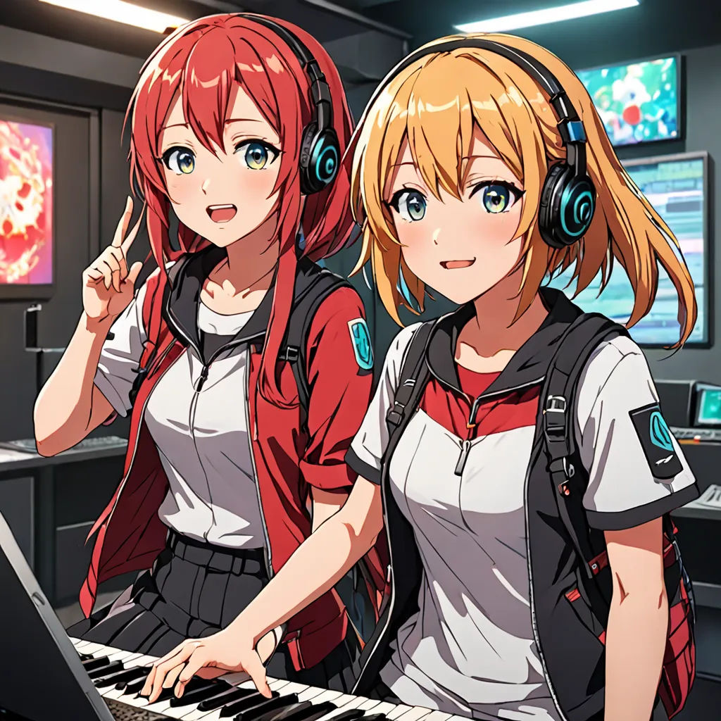 two anime girls with headphones are playing a keyboard together in a room with a computer screen and a laptop, rayonism, computer graphics, Ai-Mitsu, official art