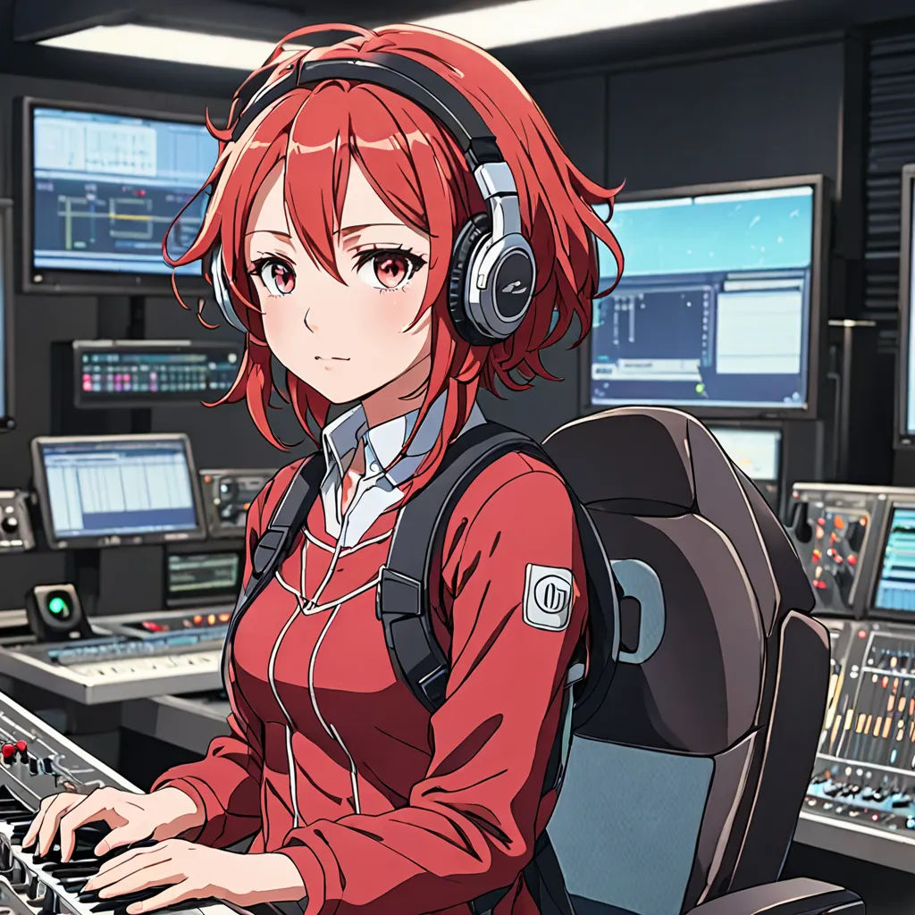 a woman with headphones is sitting in front of a computer desk with many monitors and keyboards on it, serial art, computer graphics, Aguri Uchida, official art
