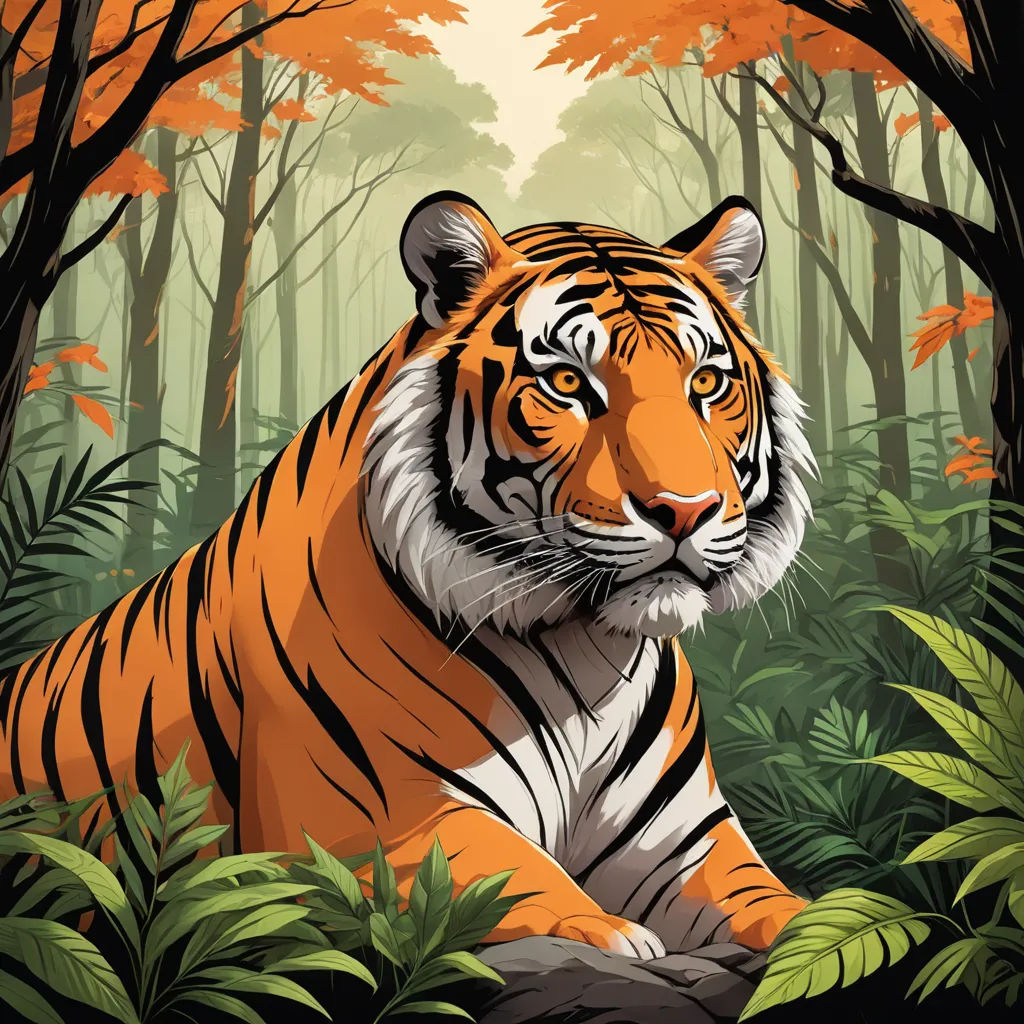 a tiger is sitting in the middle of a forest with trees and leaves on the ground and a path leading to it, bengal school of art, poster art, Dan Mumford, highly detailed digital painting