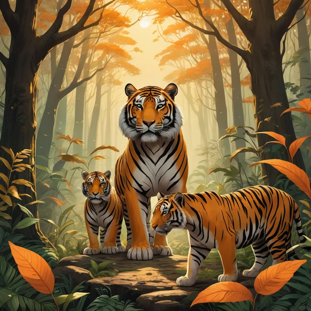 a tiger and two cubs in a forest with trees and leaves in the background, with the sun shining through the trees, furry art, a storybook illustration, Dan Mumford, highly detailed digital painting