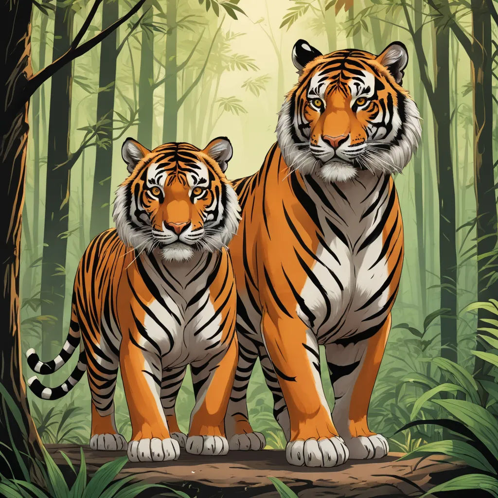 two tigers standing in the middle of a forest with trees and plants behind them, with a sunbeam in the background, bengal school of art, a storybook illustration, Dan Mumford, highly detailed digital painting