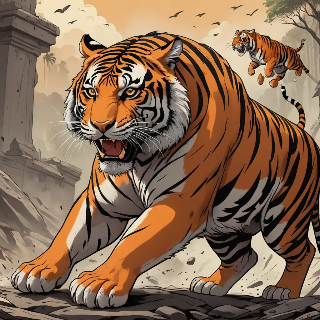 a tiger is running across a rocky area with a tree in the background and a bird flying over it, bengal school of art, a comic book panel, Dan Mumford, comic cover art