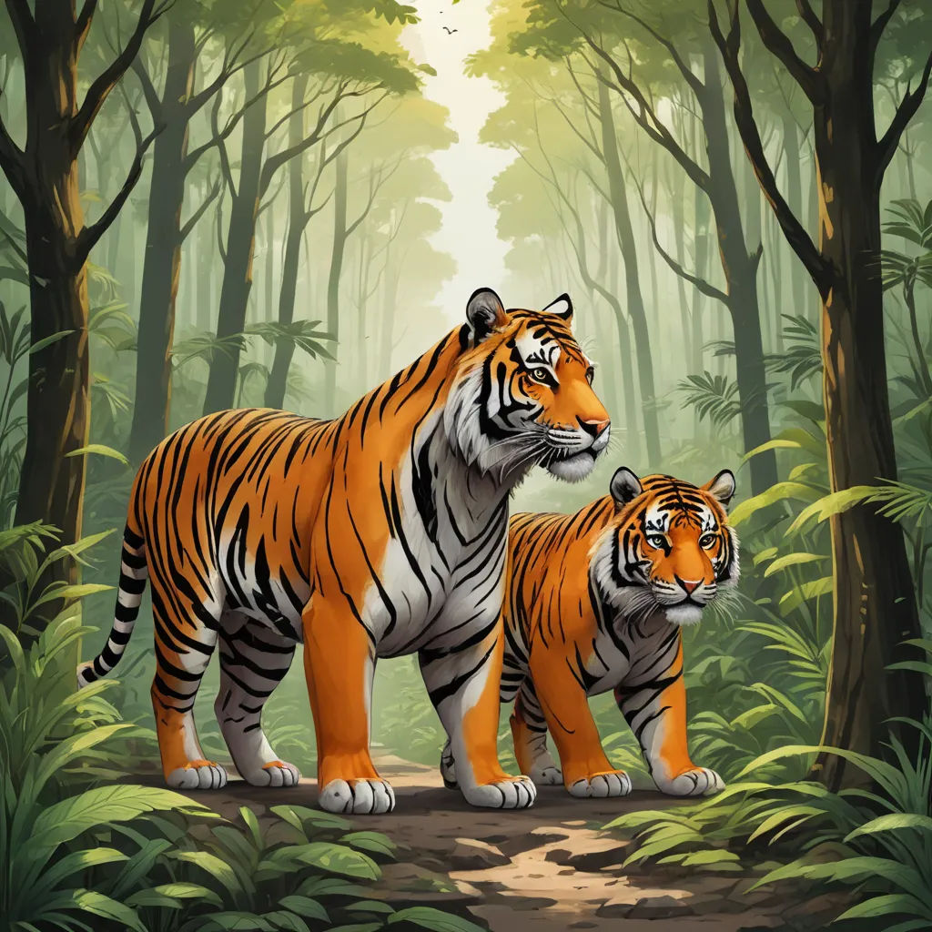 two tigers walking in a forest with trees and bushes behind them, with a path leading to them, and a bird flying overhead, furry art, a storybook illustration, Brothers Hildebrandt, promotional image