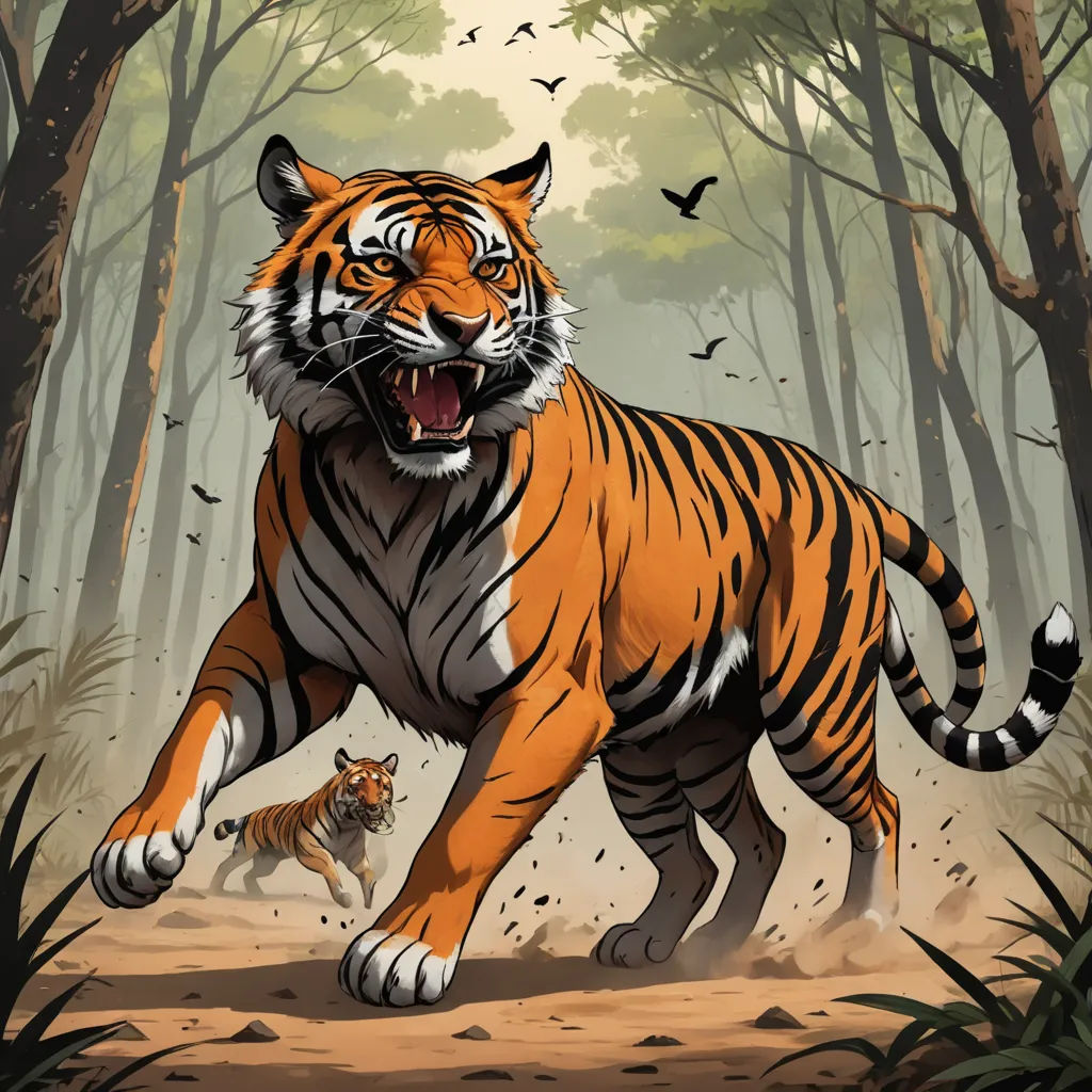 a tiger and a tiger cub running through a forest with birds flying overhead and a bird flying overhead in the air, bengal school of art, a comic book panel, Dan Mumford, comic cover art