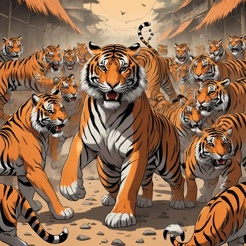 a group of tigers walking across a dirt field next to a forest filled with trees and rocks, with a sky background, bengal school of art, poster art, Dan Mumford, furaffinity