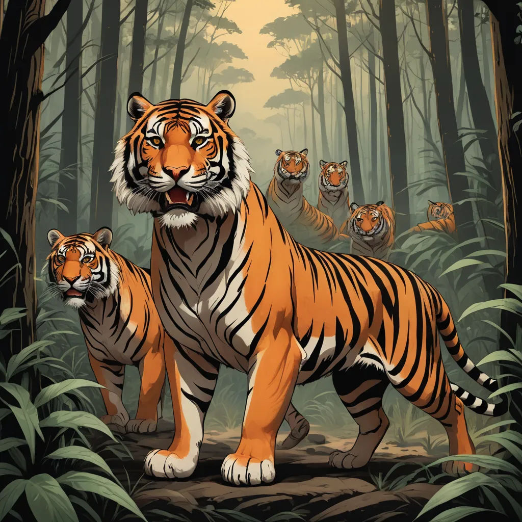 a tiger and her cubs in a forest scene with trees and bushes in the background, with a full moon in the sky, bengal school of art, an album cover, Dan Mumford, comic cover art