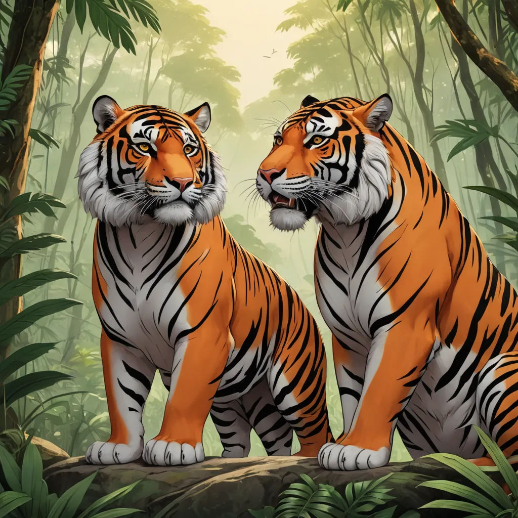 two tigers sitting in the middle of a jungle with trees and plants behind them, one of them is looking at the camera, furry art, a digital painting, Brothers Hildebrandt, highly detailed digital painting
