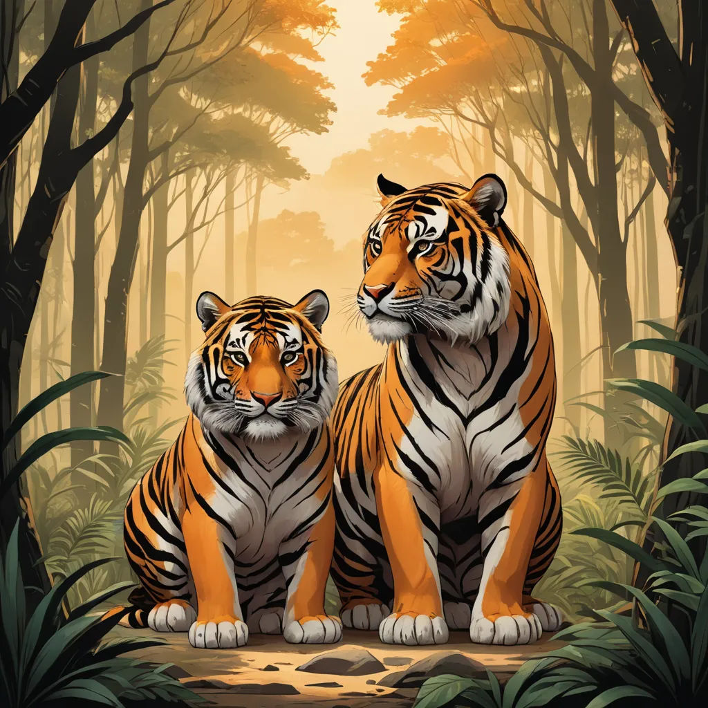 two tigers sitting in the middle of a forest with trees and bushes around them, with a yellow sky in the background, furry art, an airbrush painting, Dan Mumford, highly detailed digital painting