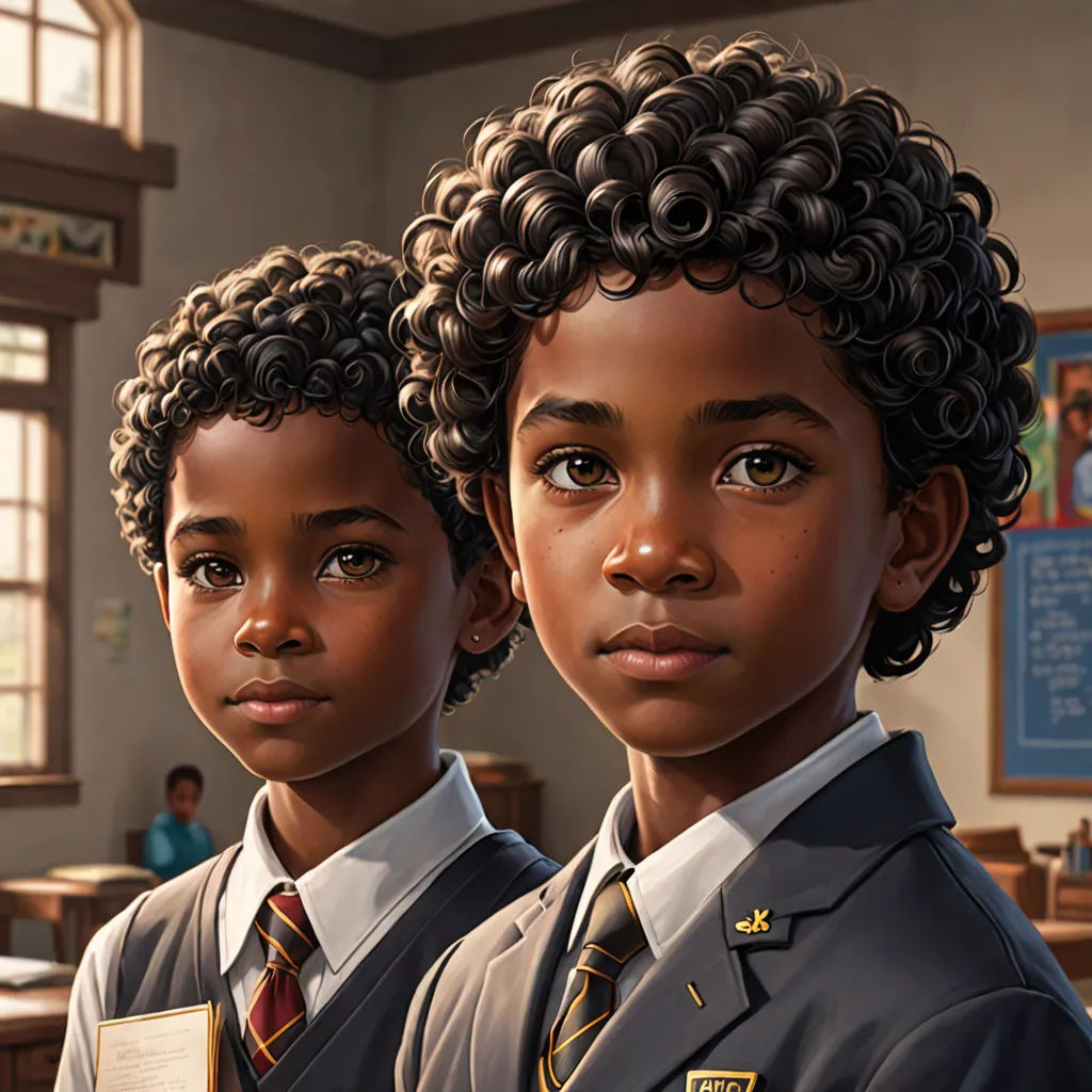 two children in school uniforms standing in a classroom with a chalkboard in the background and a chalkboard on the wall, harlem renaissance, a detailed painting, Brothers Hildebrandt, highly detailed digital painting