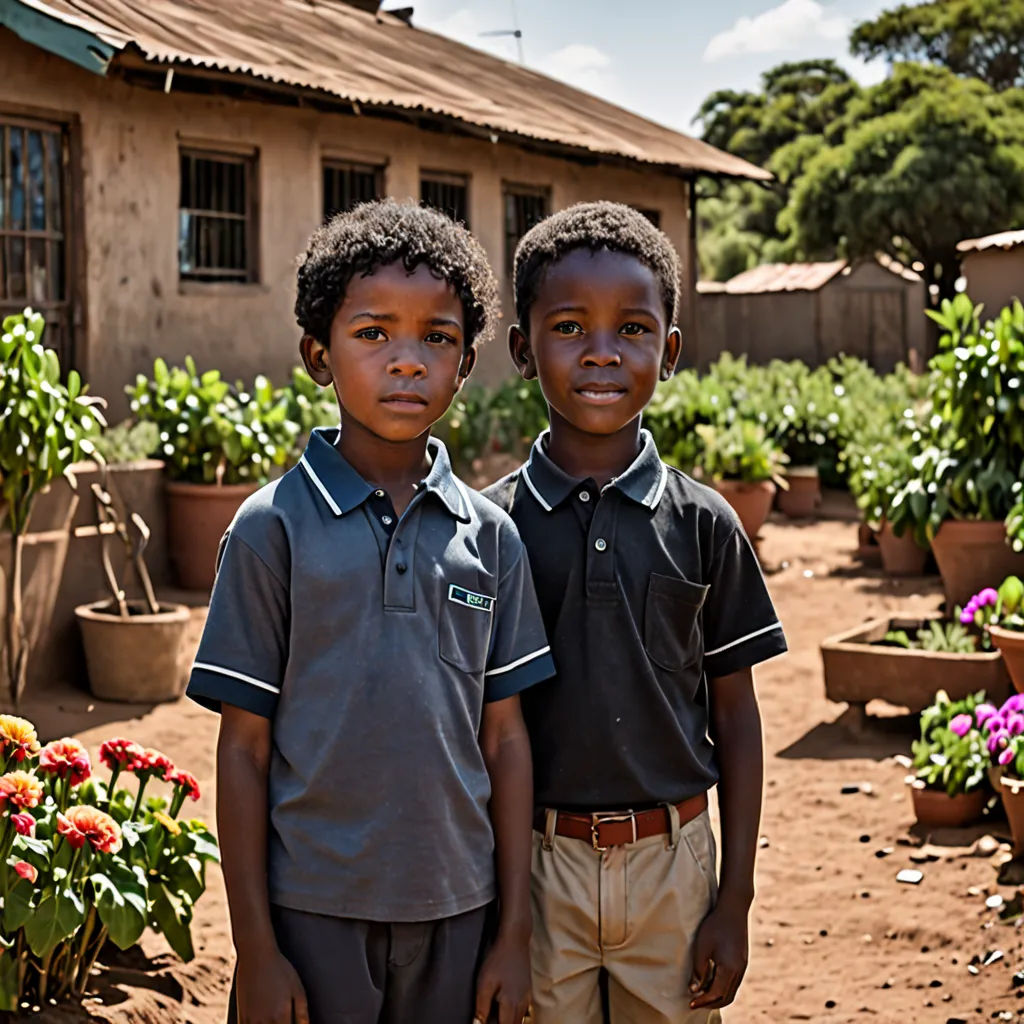 two young boys standing in front of a house with flowers in the yard and a building in the background, heidelberg school, a tilt shift photo, Andries Both, promotional image