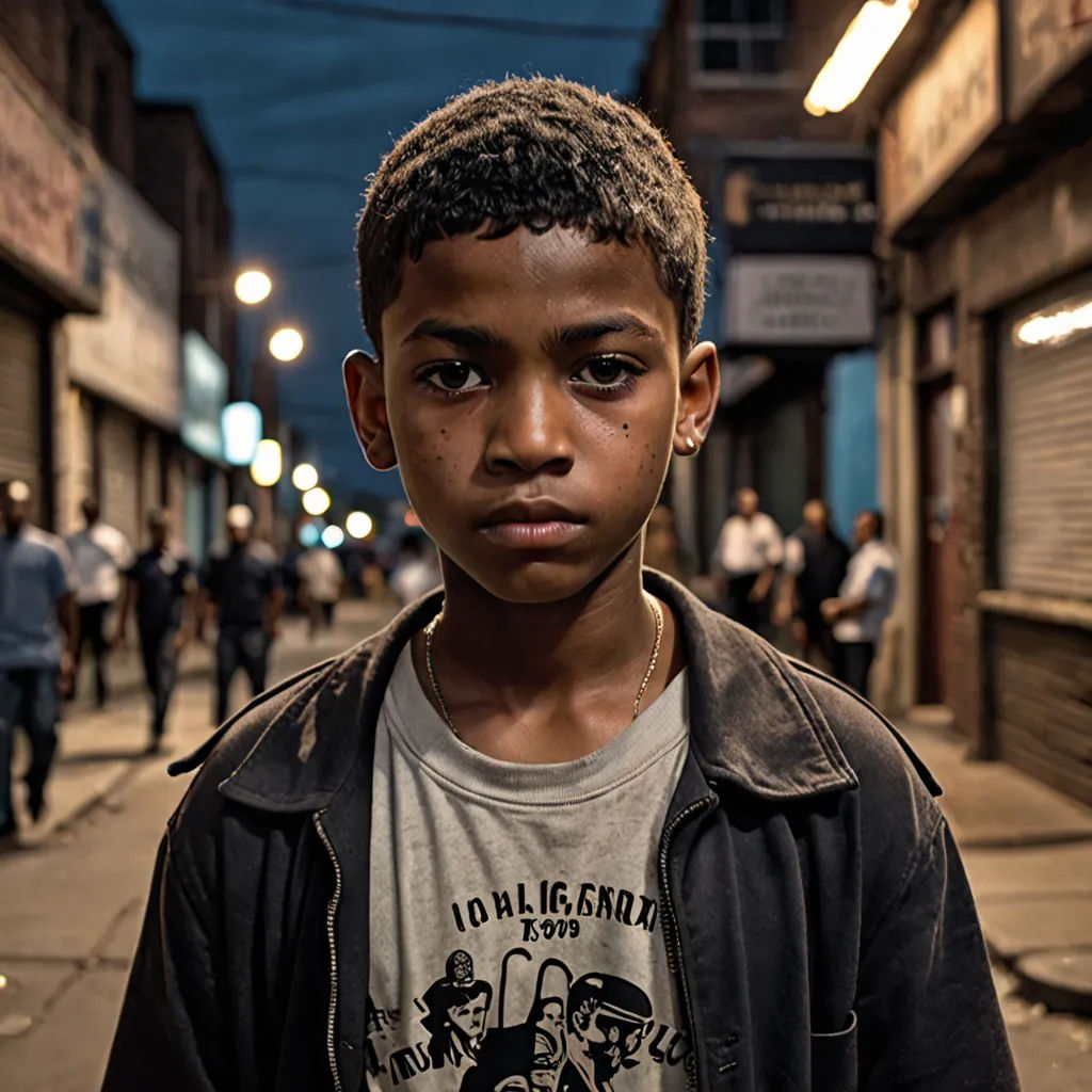 a young boy standing on a street corner at night with a serious look on his face and a black jacket, photorealism, an album cover, Derold Page, cinematic photography