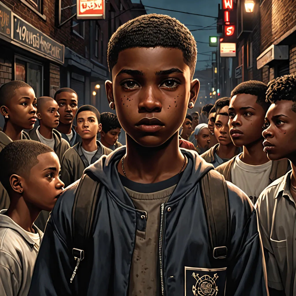 a group of young men standing in a crowd of people in a city at night time, with a boy with a backpack on his shoulder, harlem renaissance, poster art, Altichiero, graphic novel
