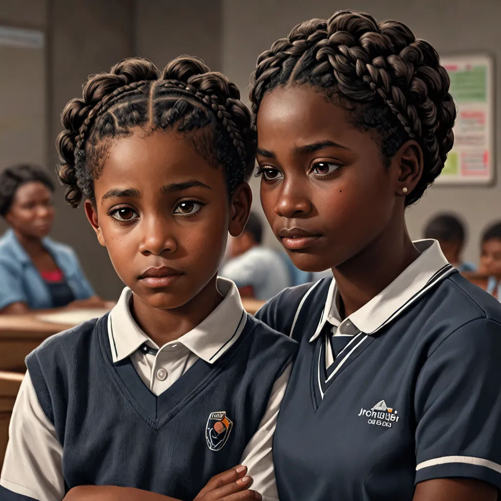 two young girls standing next to each other in a classroom with their arms crossed and looking at the camera, photorealism, an ultrafine detailed painting, Chinwe Chukwuogo-Roy, highly detailed digital painting