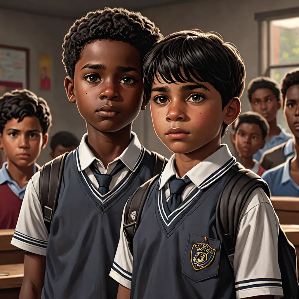 a painting of two boys in school uniforms standing in front of a classroom full of other boys in uniforms, american scene painting, a detailed painting, Brothers Hildebrandt, highly detailed digital painting