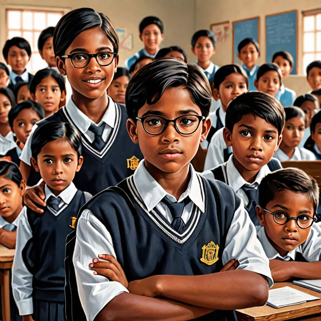 a painting of a group of children in a classroom with their arms crossed and looking at the camera with a third child in front of them, bengal school of art, an oil painting, Bhupen Khakhar, highly detailed digital painting