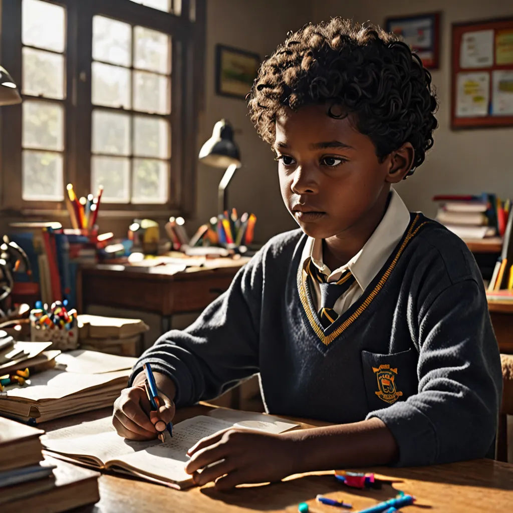 a young boy sitting at a desk with a book and pencils in front of him and a lamp on the desk, heidelberg school, a child's drawing, Bruce Onobrakpeya, promotional image