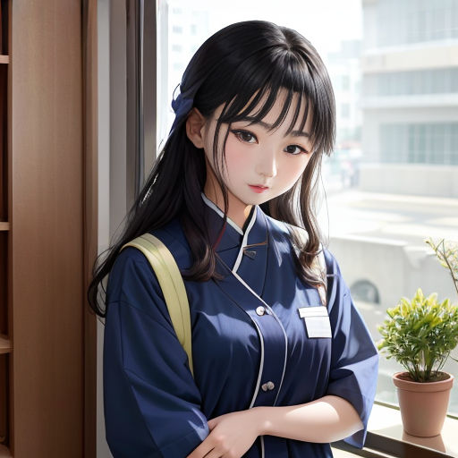 a woman in a blue uniform standing next to a window with a plant in front of her and a potted plant behind her