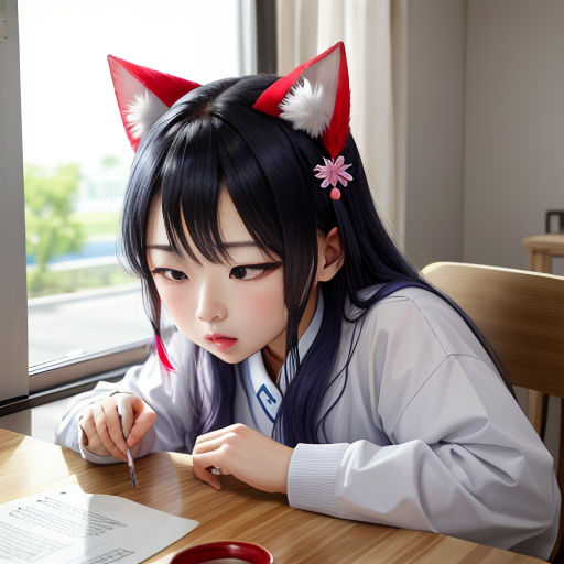 a girl with a cat ears on her head is sitting at a table and writing on a piece of paper