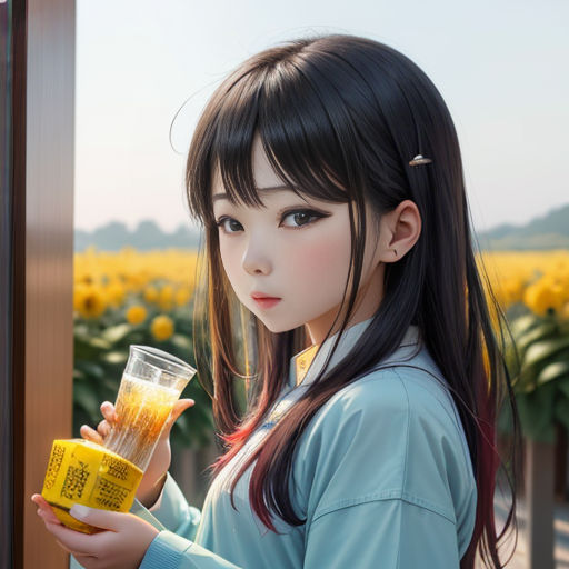 a girl holding a jar of food and a drink in her hand in front of a field of sunflowers
