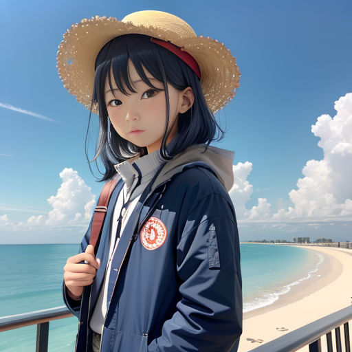 a woman with a hat on standing on a balcony near the ocean and the beach in the background,