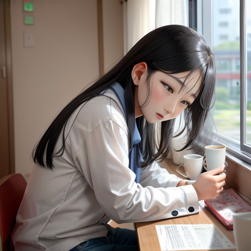 a woman sitting at a desk with a cup of coffee in her hand and a laptop on her lap