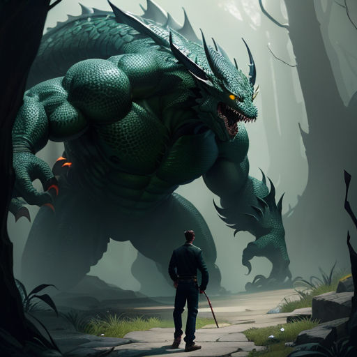 a man standing in front of a giant green monster in a forest with a sword in his hand and a demon in the background