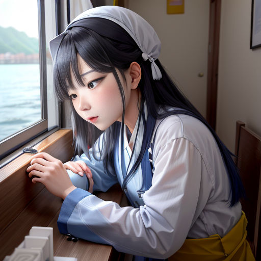 a woman sitting at a window looking out the window at the water and mountains outside of the window,