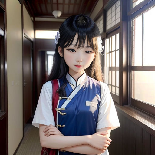 a woman in a blue and white uniform standing in a hallway with her arms crossed and looking out the window