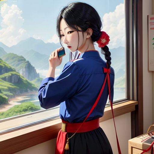 a woman in a blue dress is looking out a window and holding a cell phone to her ear and looking out the window