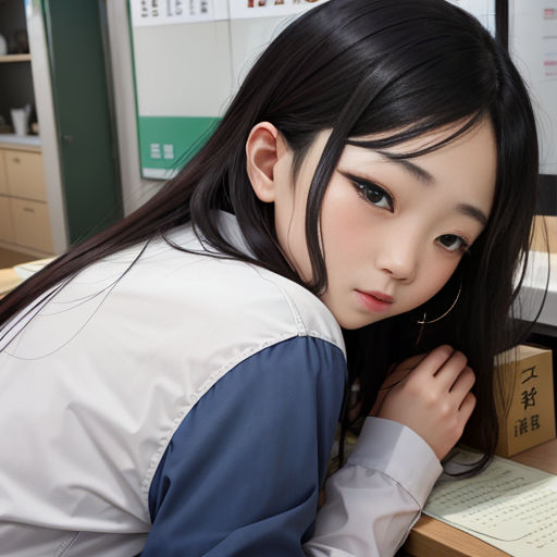 a woman leaning on a desk with a computer monitor in front of her and a keyboard in front of her