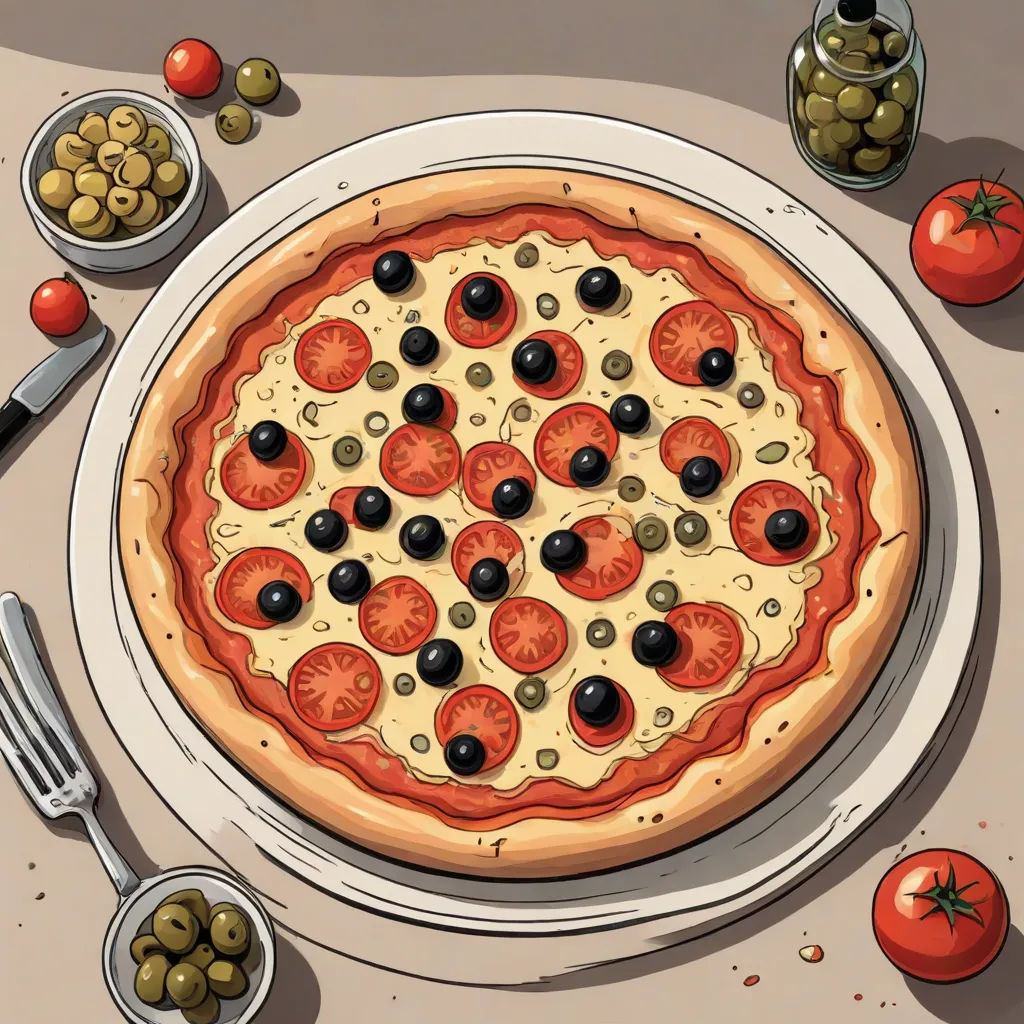 a pizza with olives and tomatoes on a plate with a fork and knife and a bowl of olives, a pastel, Chip Zdarsky, photorealism, ultra realistic illustration