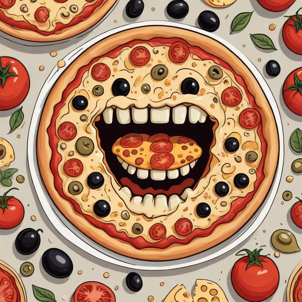 a pizza with a mouth full of teeth surrounded by tomatoes and olives and other toppings on a table, vector art, Diego Gisbert Llorens, pop surrealism, ultra realistic illustration