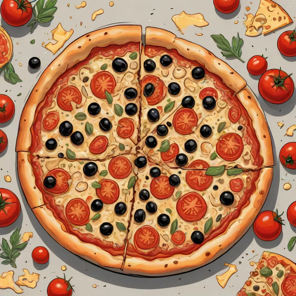 a pizza with several slices cut out of it and tomatoes and olives around it on a table with a gray background, a photorealistic painting, Diego Gisbert Llorens, hyperrealism, ultra realistic illustration